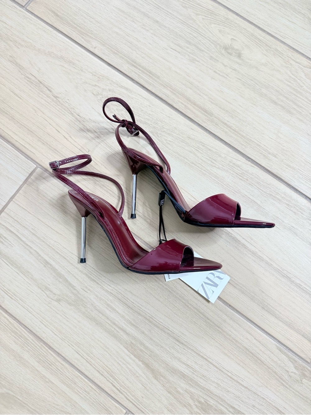 ZARA Patent Effect Burgundy High Heel Sandals Metallic Stiletto EU 38 US 7.5 NWT - Picture 2 of 5